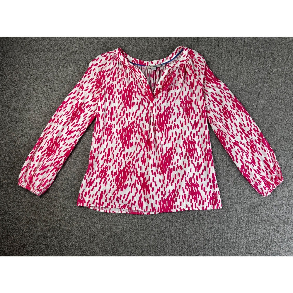 Boden Blouse Womens US 2R Pink White Abstract Dash Split Neck Viscose 2
